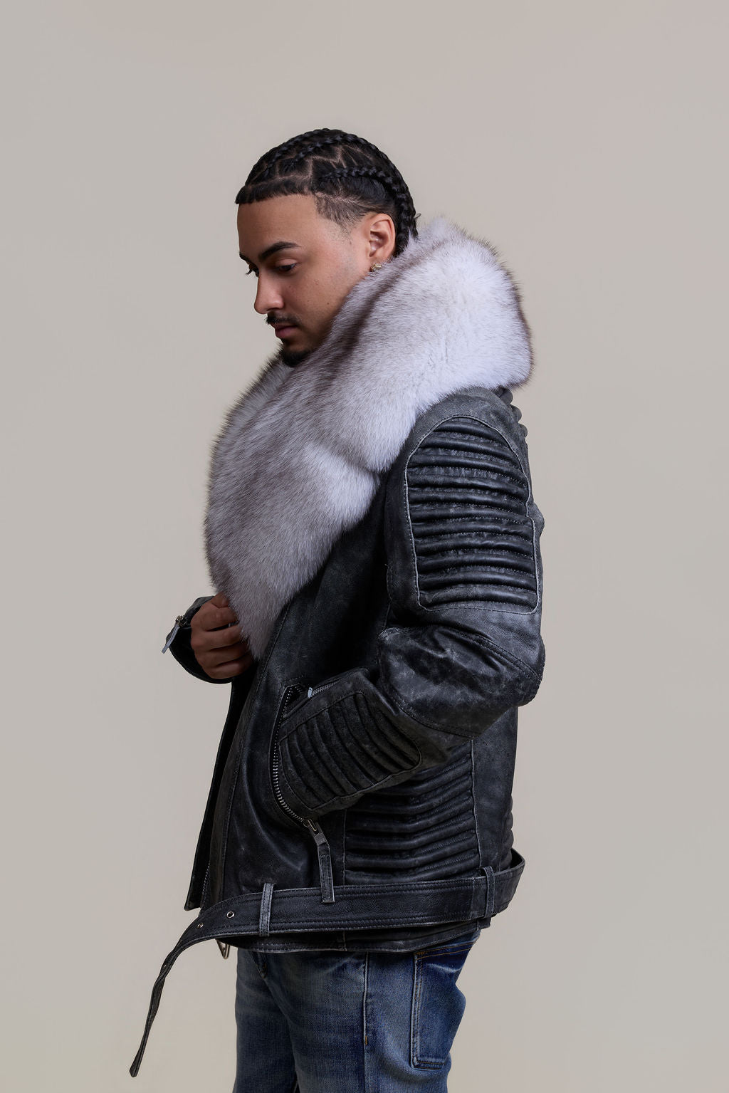 Men's Trey Biker Leather Full Fox Fur Collar [Space Gray]