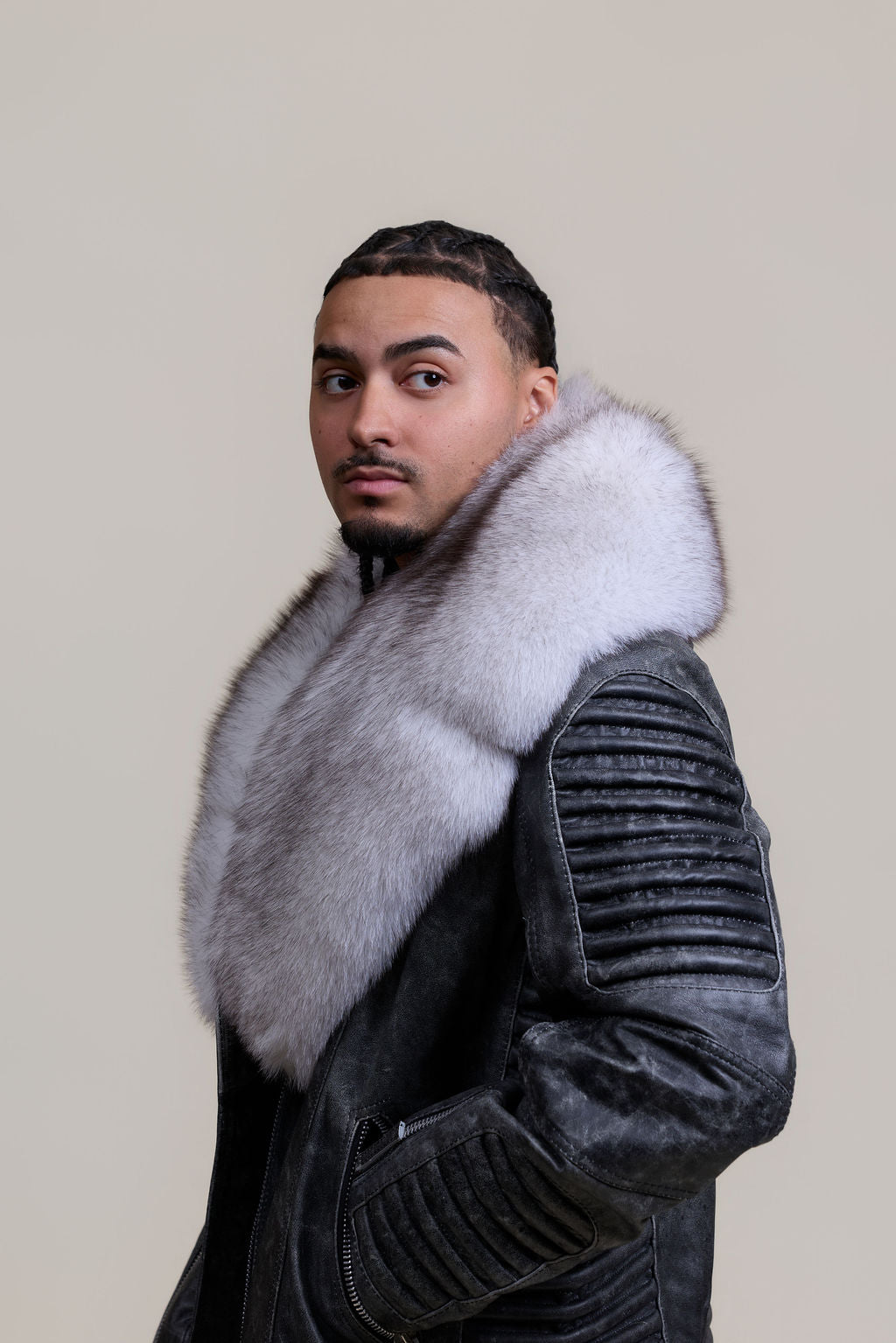 Men's Trey Biker Leather Full Fox Fur Collar [Space Gray]