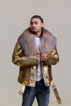 Men's Trey Biker Leather Full Fox Fur Collar [Gold]
