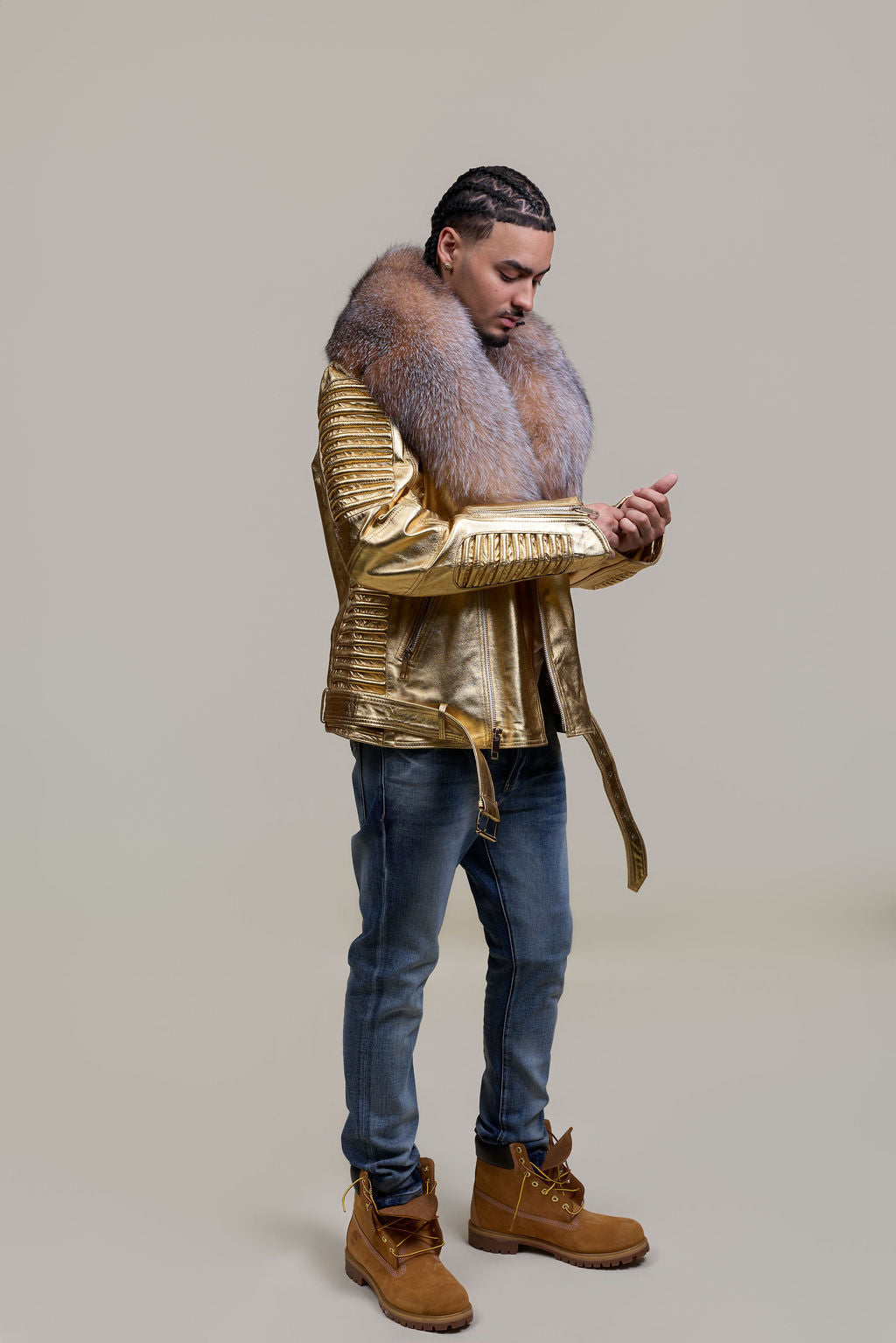 Men's Trey Biker Leather Full Fox Fur Collar [Gold]