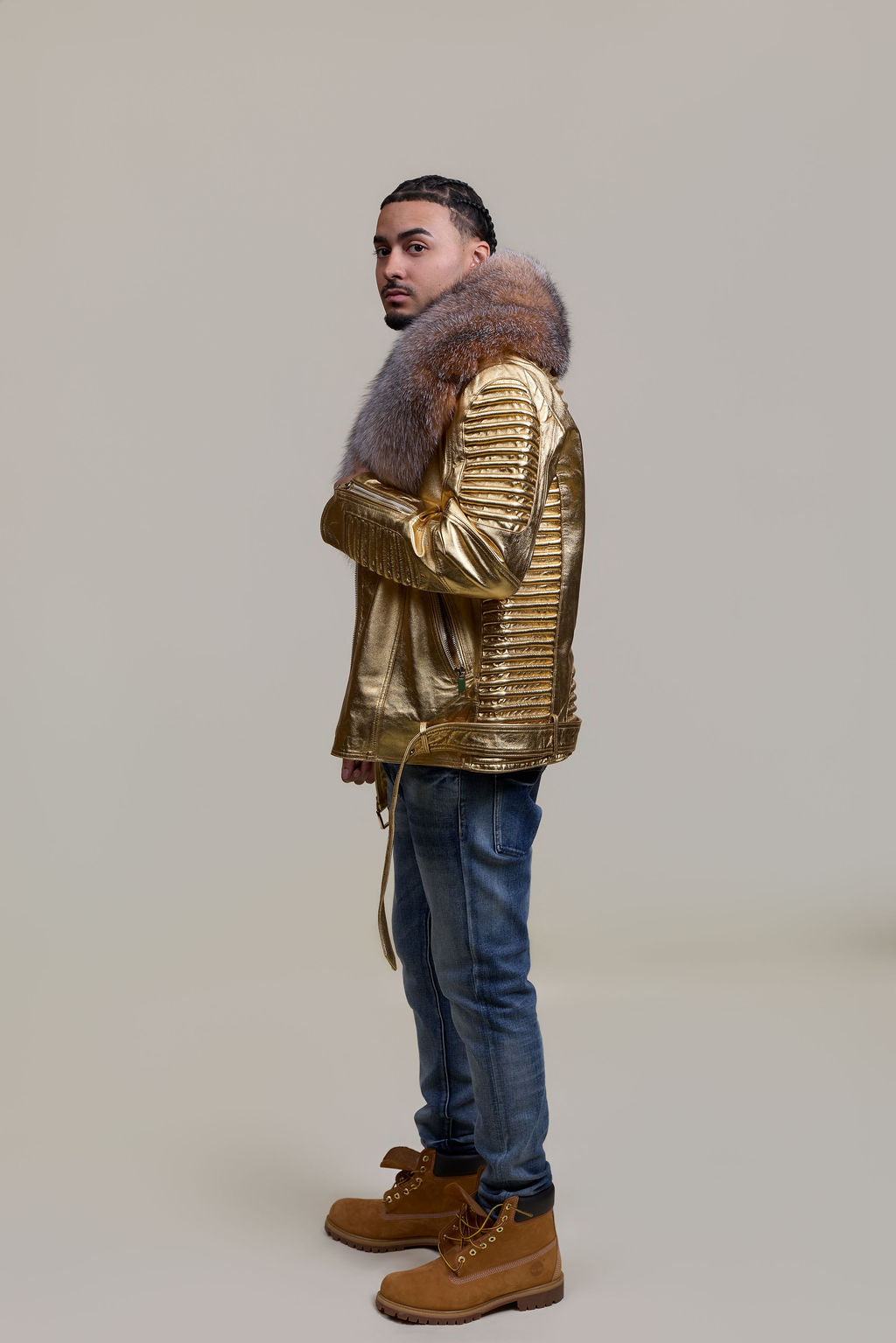 Men's Trey Biker Leather Full Fox Fur Collar [Gold]