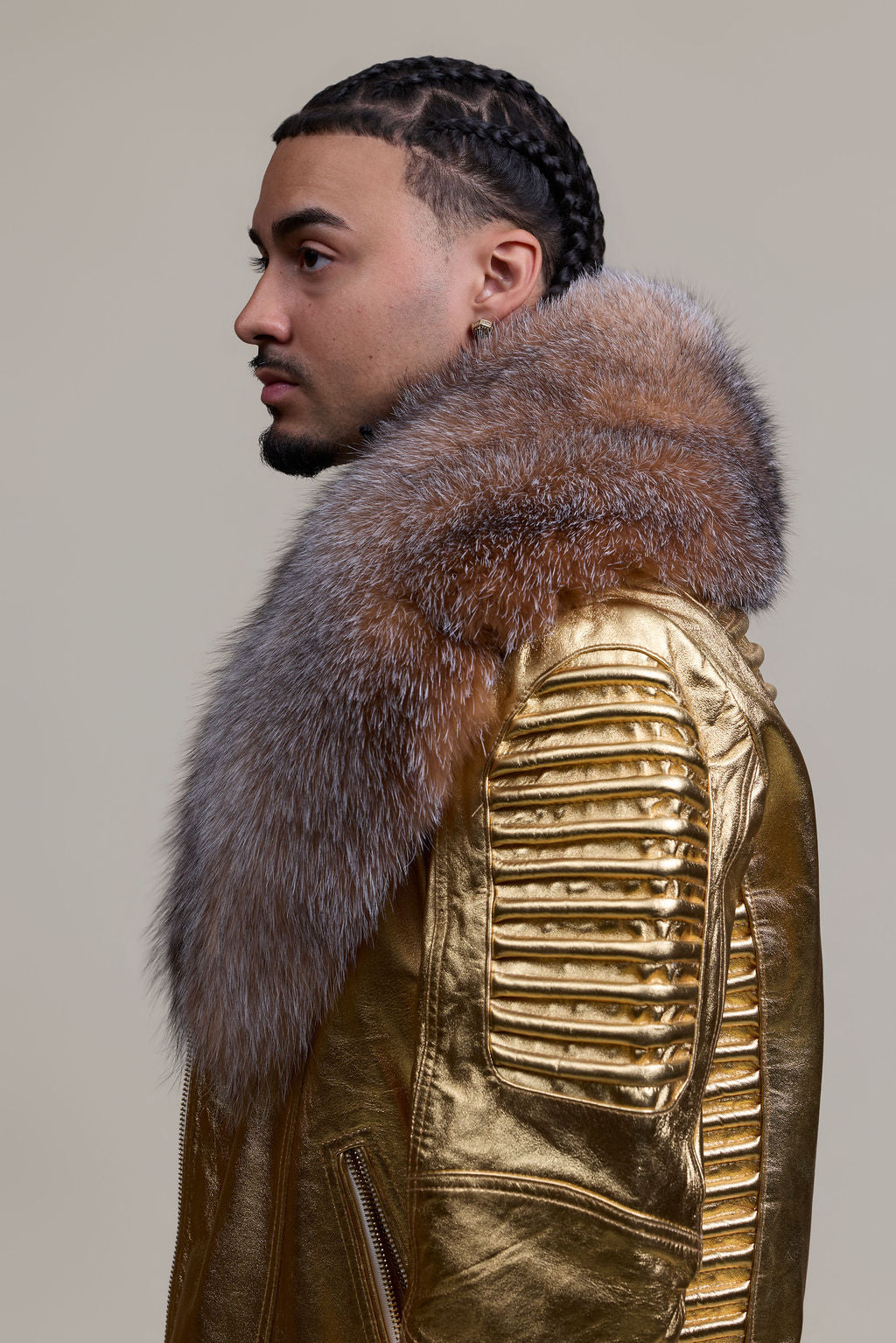 Men's Trey Biker Leather Full Fox Fur Collar [Gold]