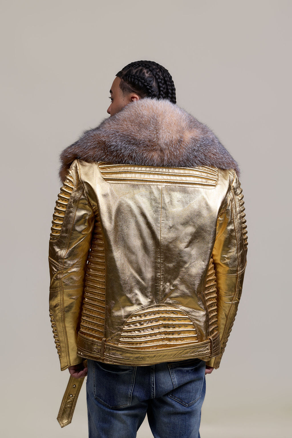 Men's Trey Biker Leather Full Fox Fur Collar [Gold]