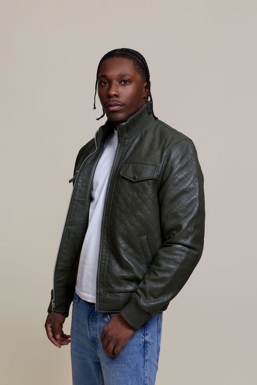 Men's Franklin Quilted Leather Bomber Jacket [Olive]