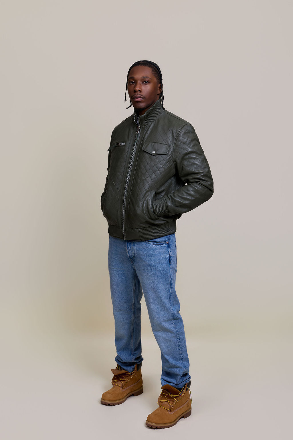 Men's Franklin Quilted Leather Bomber Jacket [Olive]