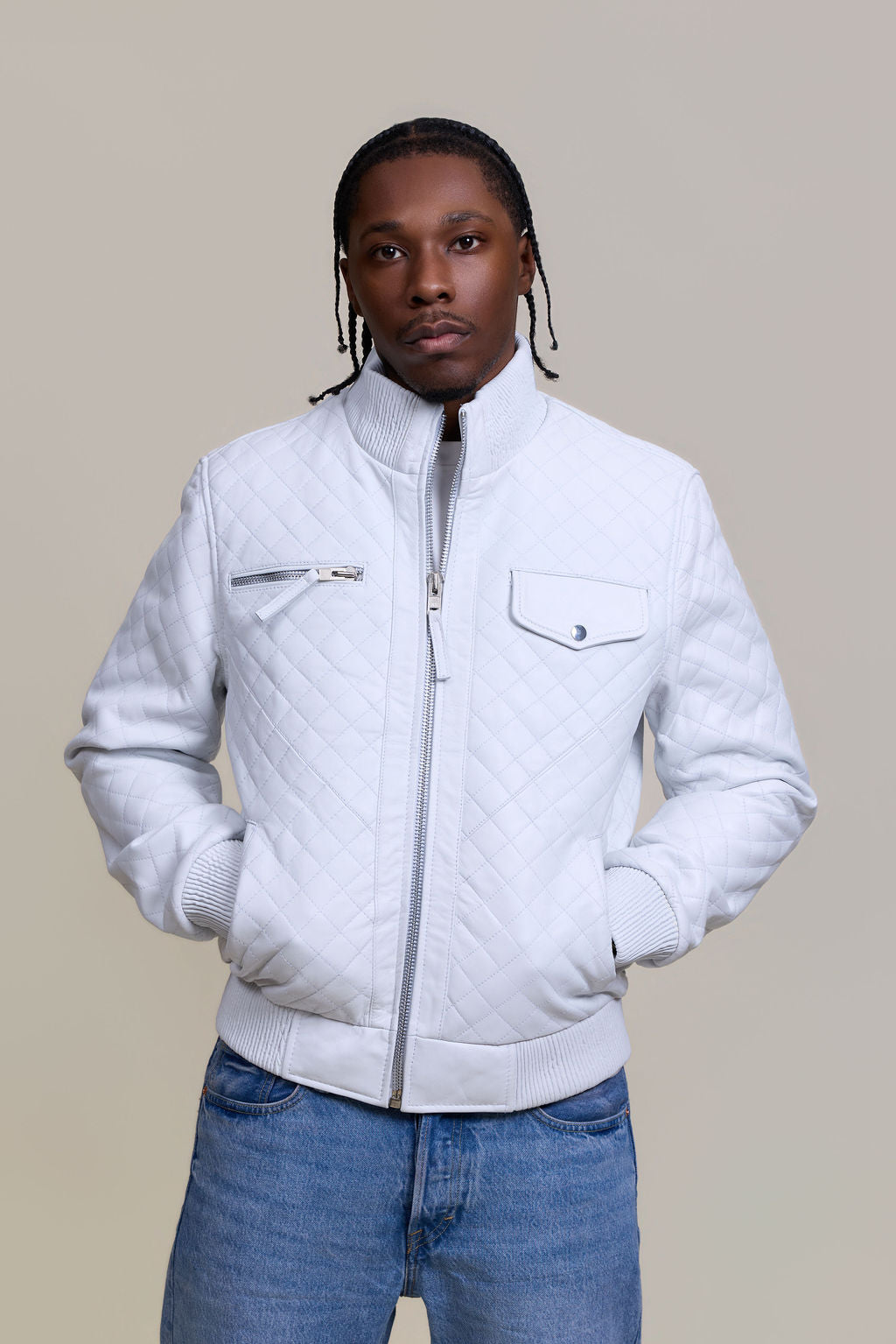 Men's Franklin Quilted Leather Bomber Jacket [White]