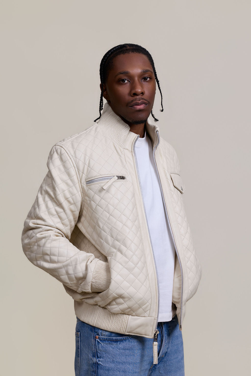 Men's Franklin Quilted Leather Bomber Jacket [Beige]