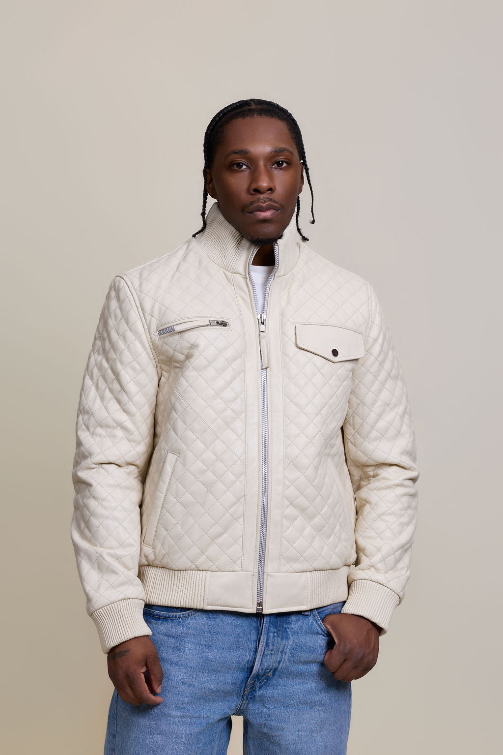 Men's Franklin Quilted Leather Bomber Jacket [Beige]
