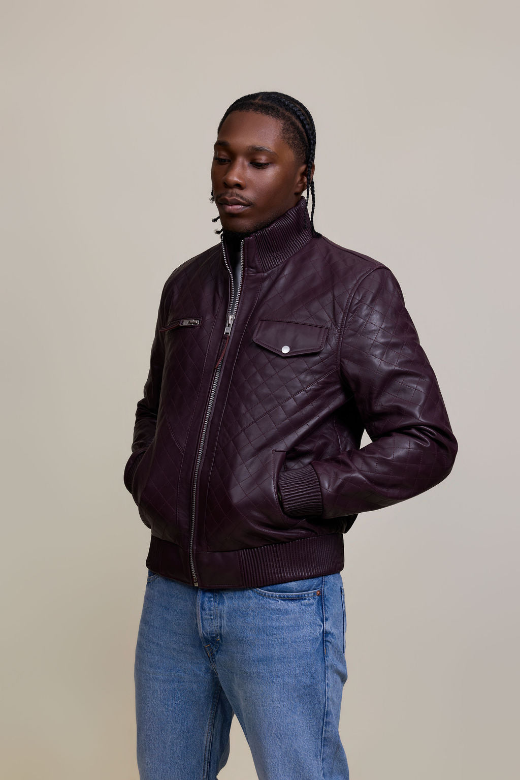Men's Franklin Quilted Leather Bomber Jacket [Burgundy]