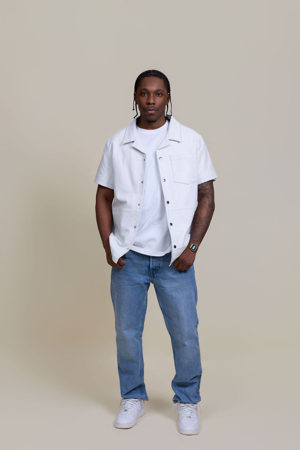 Men's Summer In Miami Luka Leather Short Sleeve Shirt [White]