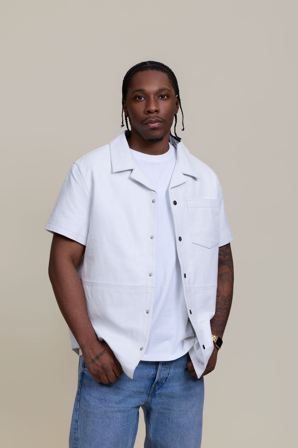 Men's Summer In Miami Luka Leather Short Sleeve Shirt [White]
