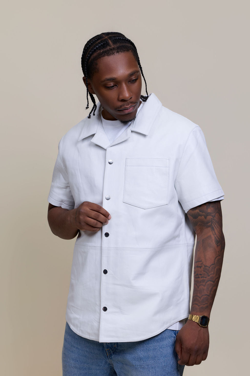 Men's Summer In Miami Luka Leather Short Sleeve Shirt [White]