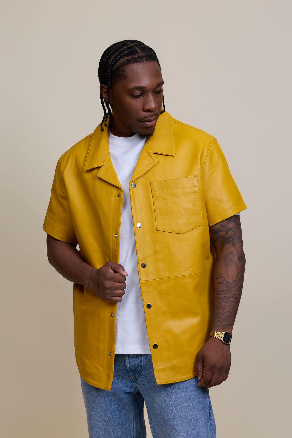 Men's Summer In Miami Luka Leather Short Sleeve Shirt [Yellow]