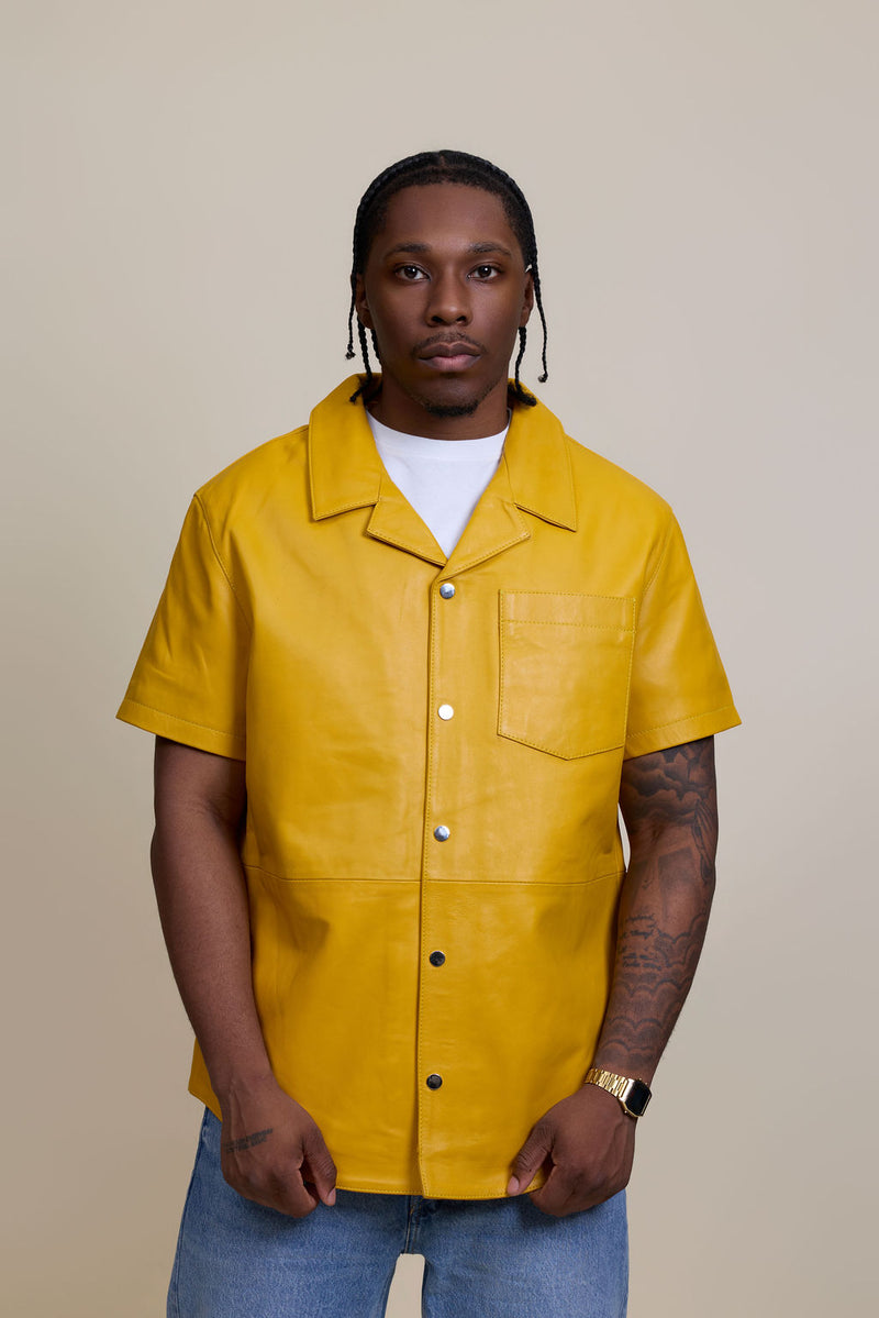 Men's Summer In Miami Luka Leather Short Sleeve Shirt [Yellow]