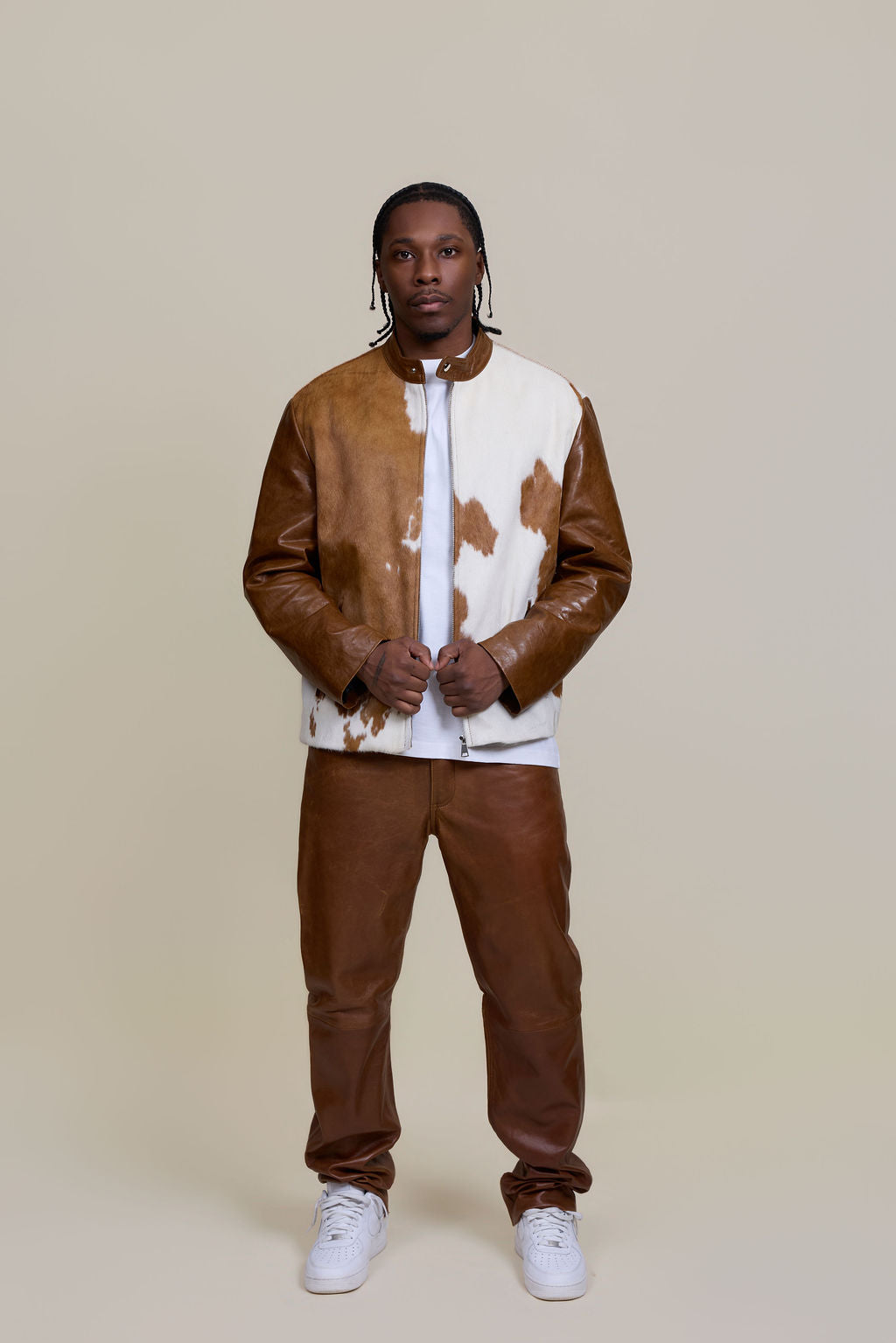 Men's Zack Pony Skin Biker Jacket And Pants Set [Whiskey]