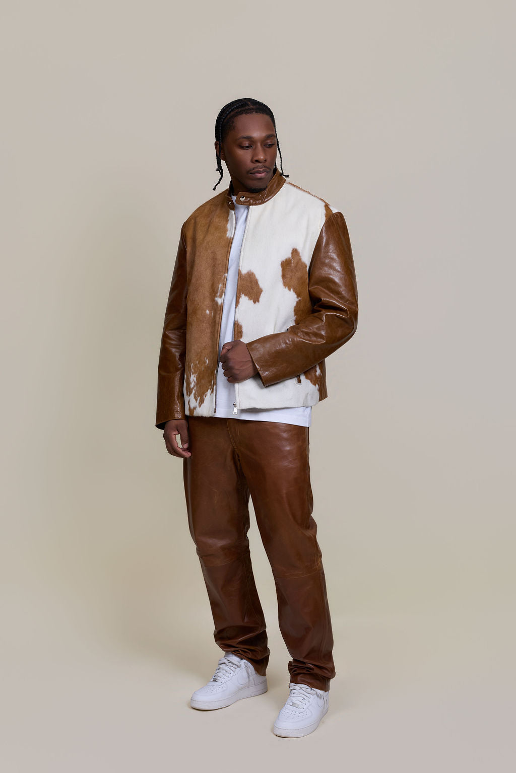 Men's Zack Pony Skin Biker Jacket And Pants Set [Whiskey]