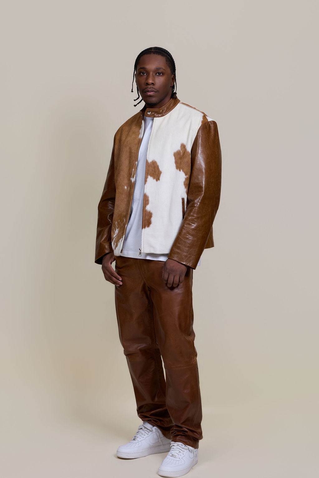 Men's Zack Pony Skin Biker Jacket And Pants Set [Whiskey]