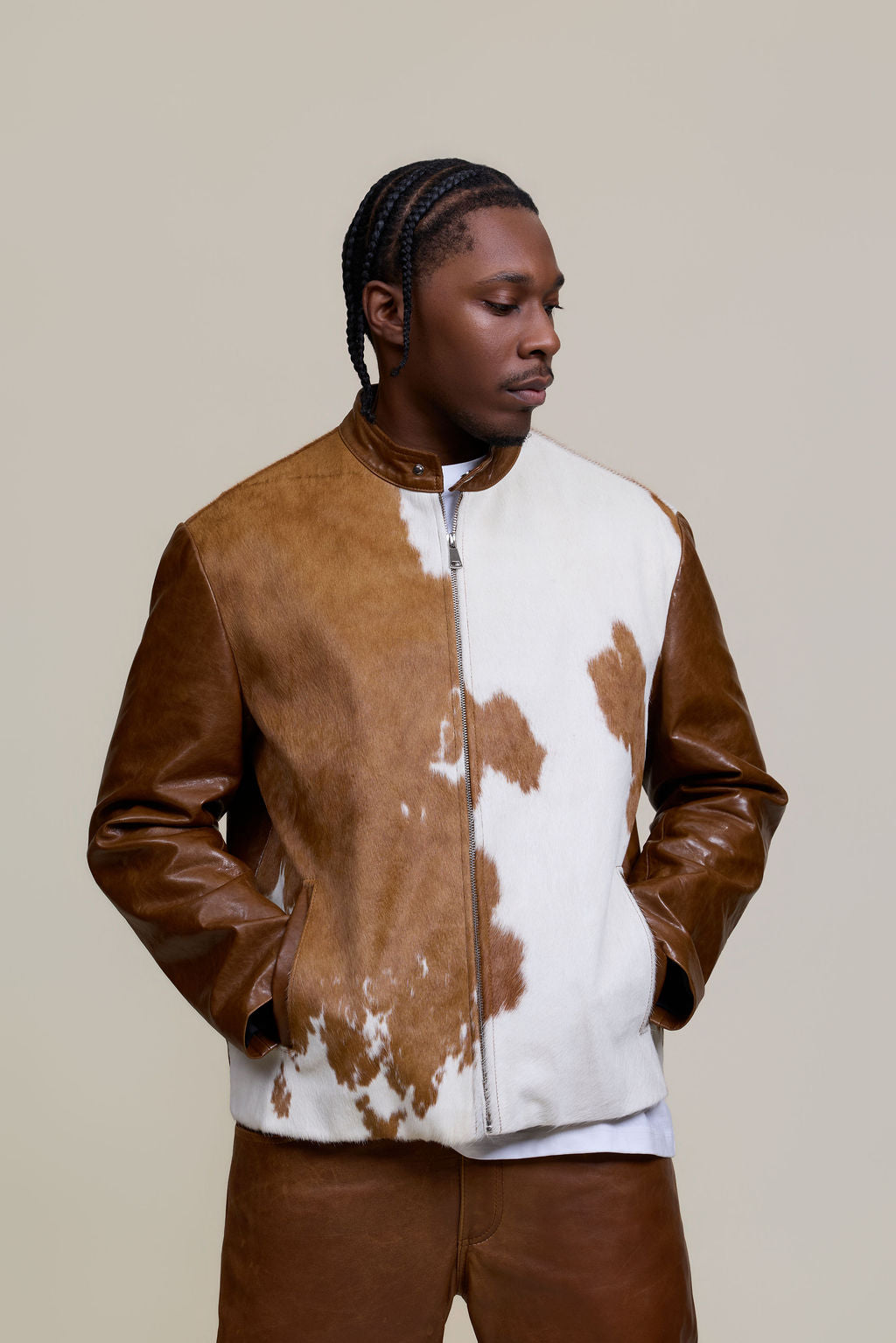 Men's Zack Pony Skin Biker Jacket And Pants Set [Whiskey]
