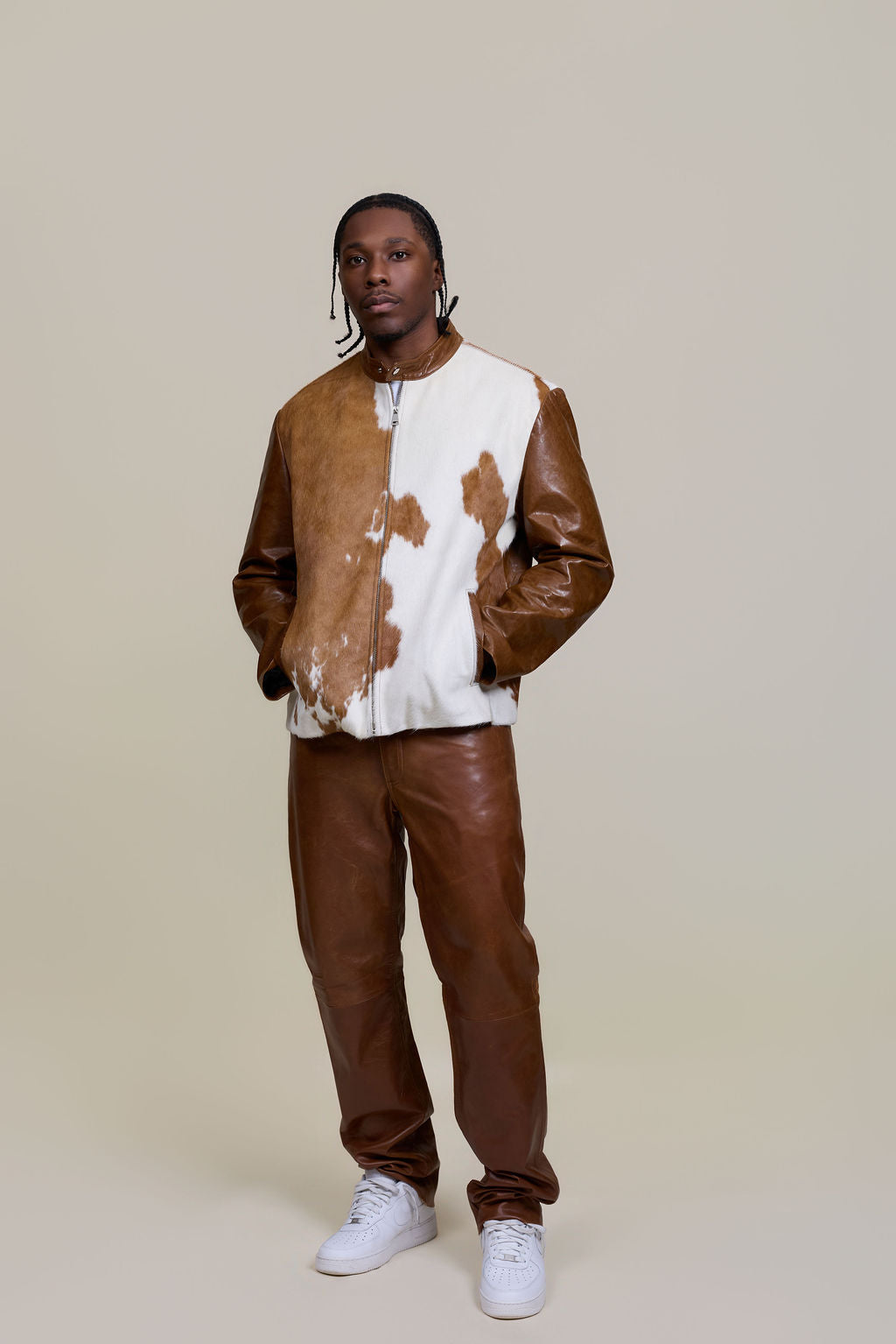 Men's Zack Pony Skin Biker Jacket And Pants Set [Whiskey]