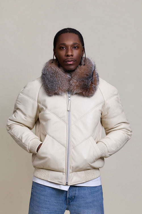 Men's V-Bomber Beige Premium Fox Collar [Beige/Crystal]