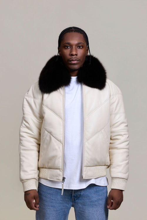 Men's V-Bomber Beige Premium Fox Collar [Beige/Black]