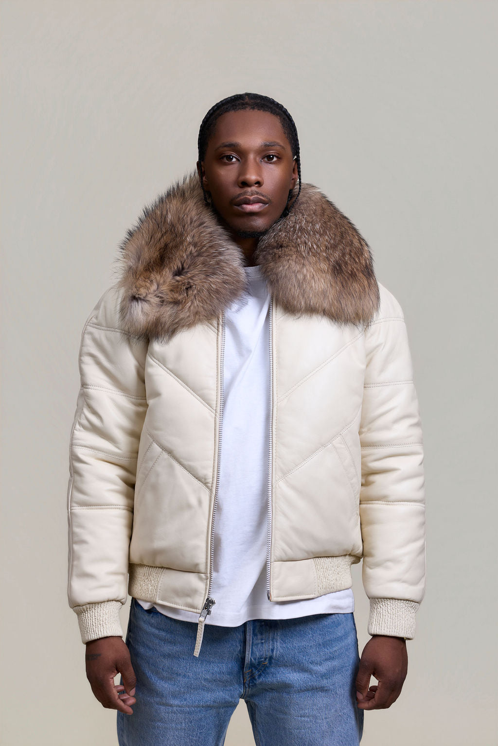 Men's V-Bomber Beige Premium Raccoon Collar [Beige/Raccoon]