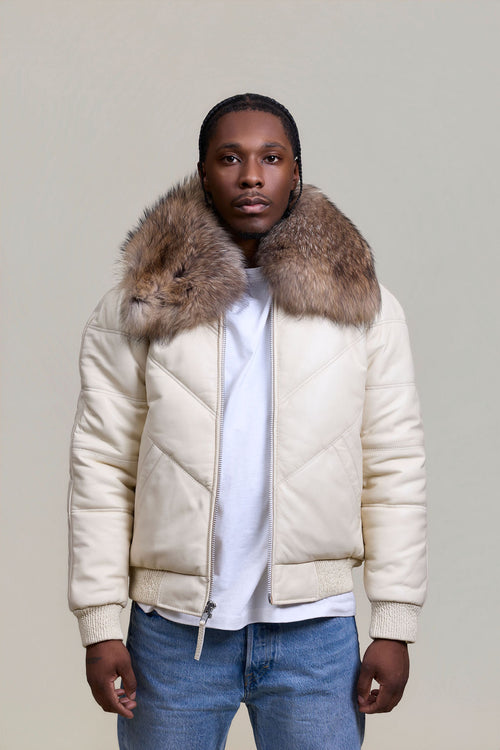 Men's V-Bomber Beige Premium Raccoon Collar [Beige/Raccoon]