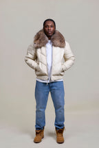 Men's V-Bomber Beige Premium Raccoon Collar [Beige/Raccoon]
