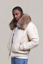 Men's V-Bomber Beige Premium Raccoon Collar [Beige/Raccoon]