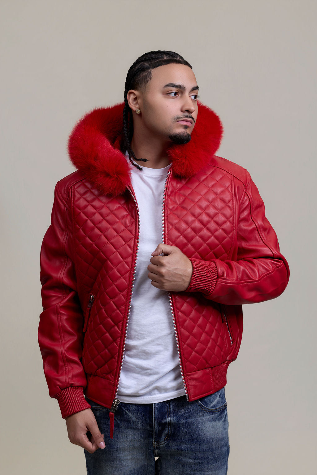 Men's Lucas Quilted Leather Bomber Jacket With Fox Hood [Red Fox]