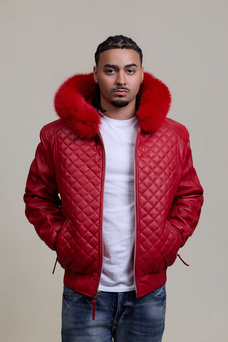 Men's Lucas Quilted Leather Bomber Jacket With Fox Hood [Red Fox]