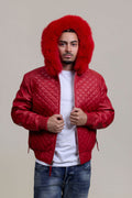 Men's Lucas Quilted Leather Bomber Jacket With Fox Hood [Red Fox]