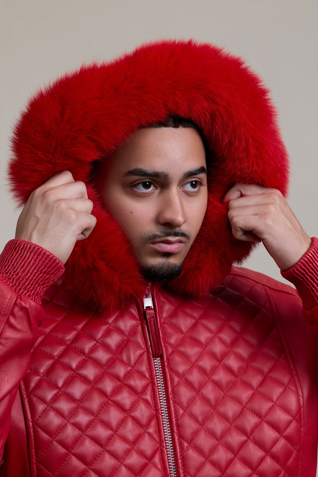 Men's Lucas Quilted Leather Bomber Jacket With Fox Hood [Red Fox]