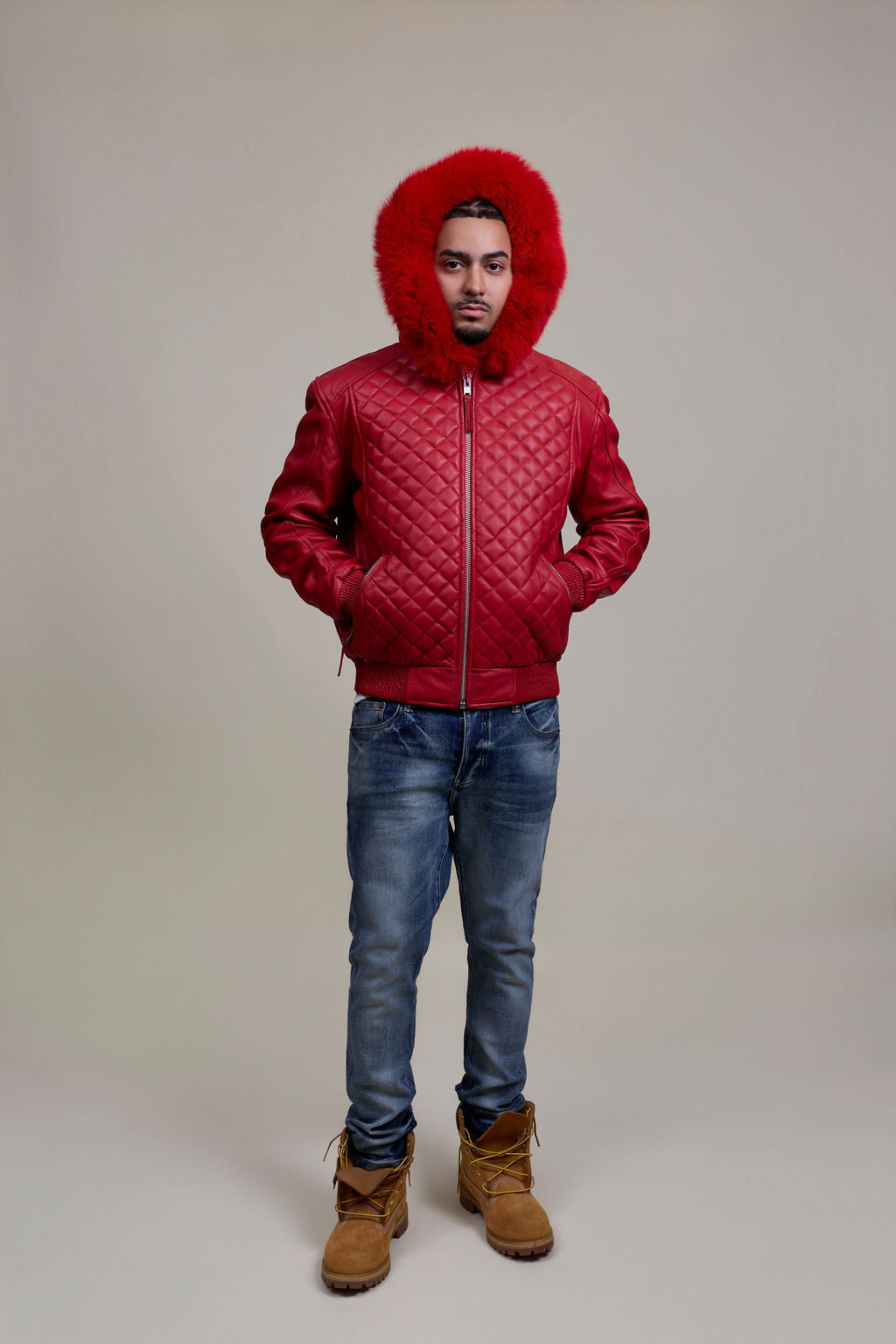 Men's Lucas Quilted Leather Bomber Jacket With Fox Hood [Red Fox]