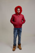 Men's Lucas Quilted Leather Bomber Jacket With Fox Hood [Red Fox]