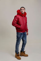 Men's Lucas Quilted Leather Bomber Jacket With Fox Hood [Red Fox]