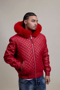 Men's Lucas Quilted Leather Bomber Jacket With Fox Hood [Red Fox]