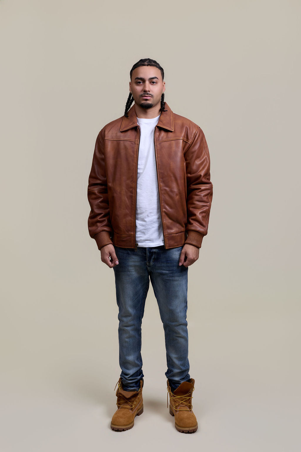 Men's Classic Baseball Leather Jacket With Collar [Caramel Crunch]