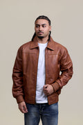 Men's Classic Baseball Leather Jacket With Collar [Caramel Crunch]