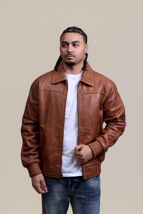 Men's Classic Baseball Leather Jacket With Collar [Caramel Crunch]