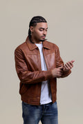 Men's Classic Baseball Leather Jacket With Collar [Caramel Crunch]