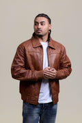 Men's Classic Baseball Leather Jacket With Collar [Caramel Crunch]