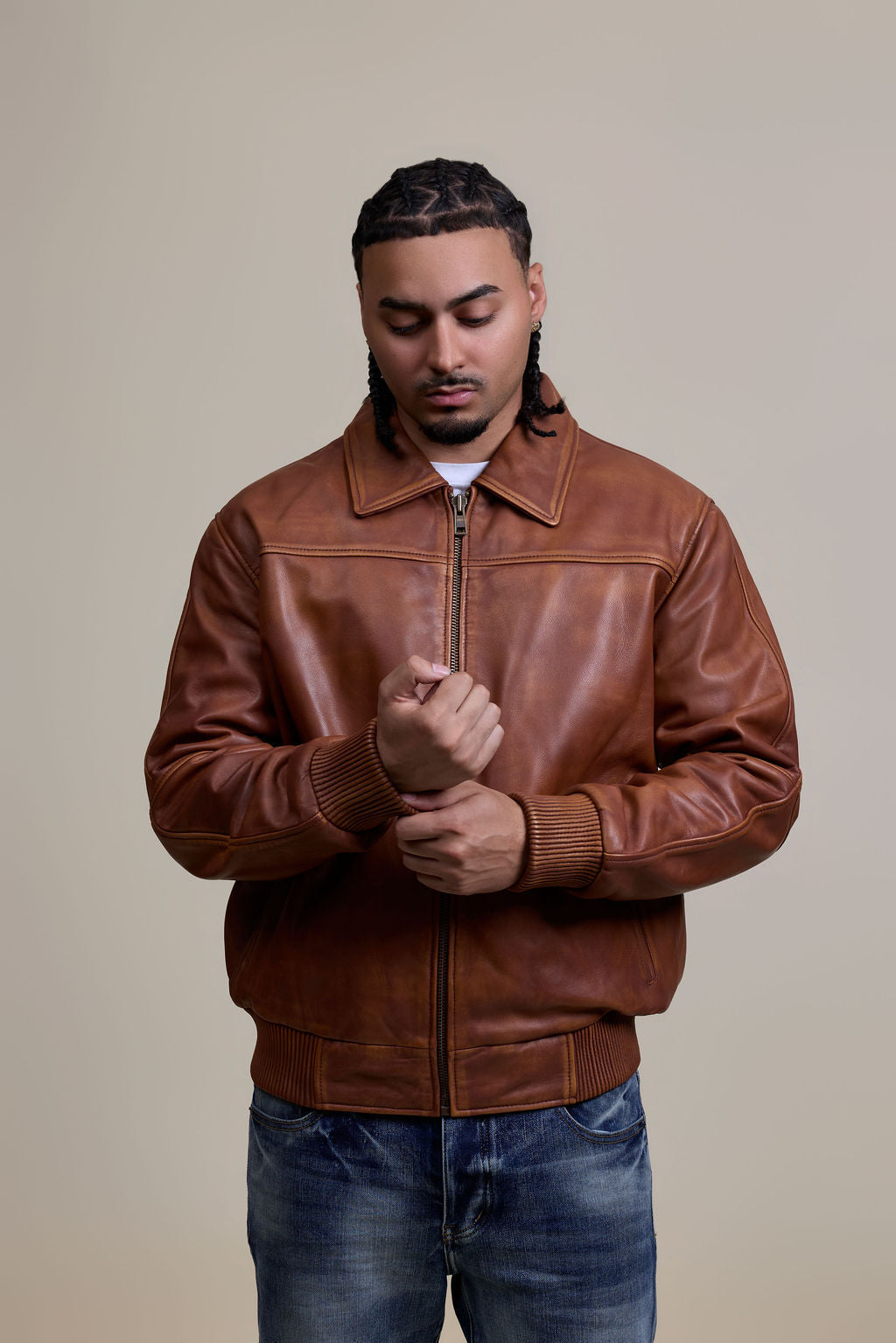 Men's Classic Baseball Leather Jacket With Collar [Caramel Crunch]
