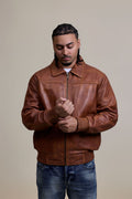 Men's Classic Baseball Leather Jacket With Collar [Caramel Crunch]