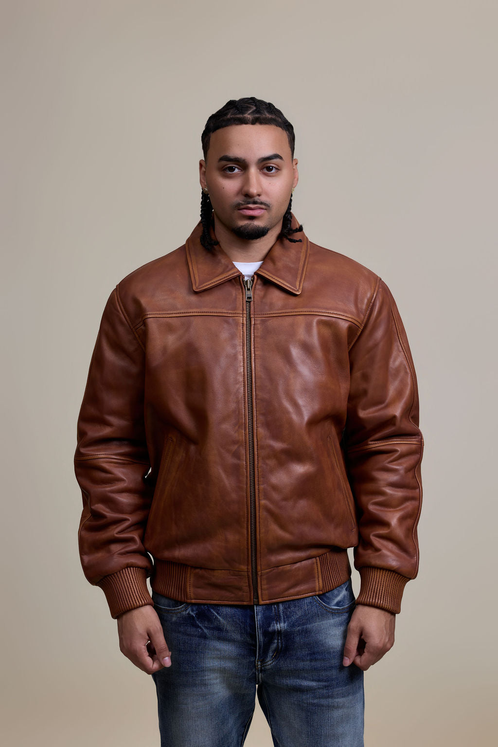 Men's Classic Baseball Leather Jacket With Collar [Caramel Crunch]