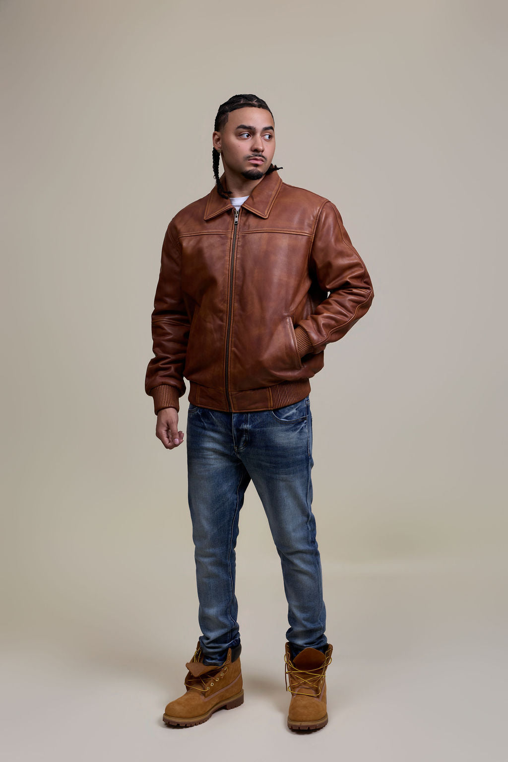Men's Classic Baseball Leather Jacket With Collar [Caramel Crunch]