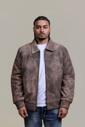 Men's Classic Baseball Leather Jacket With Collar [Beige Distressed]