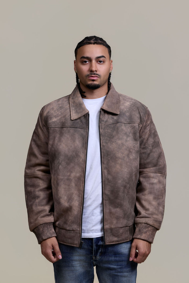 Men's Classic Baseball Leather Jacket With Collar [Beige Distressed]