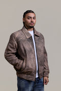 Men's Classic Baseball Leather Jacket With Collar [Beige Distressed]