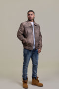 Men's Classic Baseball Leather Jacket With Collar [Beige Distressed]
